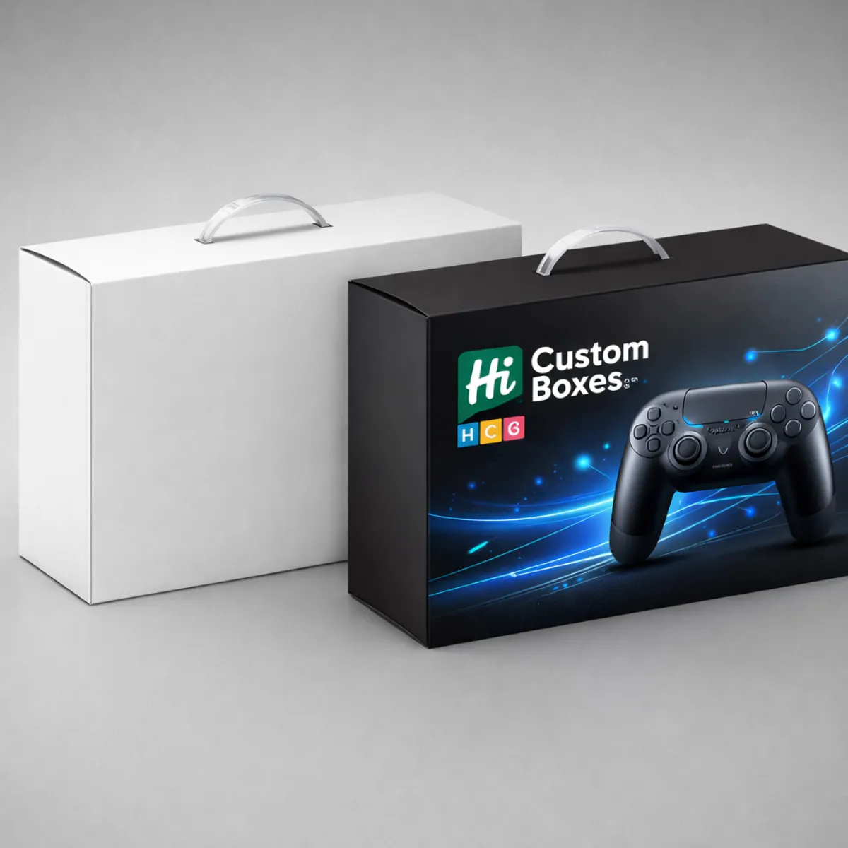 Large white and black controller boxes featuring convenient plastic carry handles for easy retail transport. class=